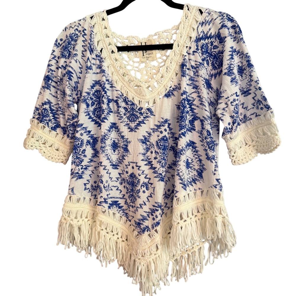 Haute Project Top Womens M Blue White Crochet Fringe Tribal Boho V-Neck